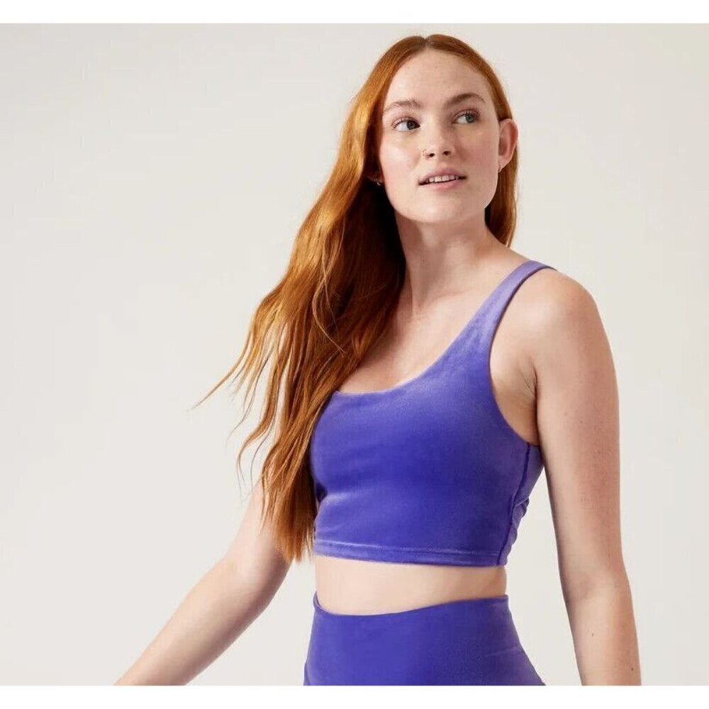 Athleta Womens Crop Top Medium Velvet Cut Out Noble Blue Purple Athleisure